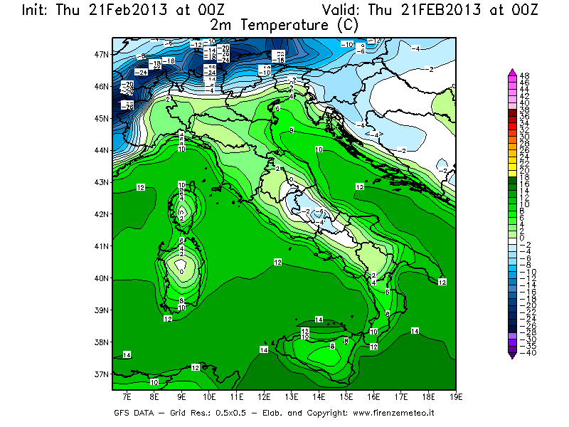 Mappa di analisi GFS - Temperatura a 2 metri dal suolo [°C] in Italia
									del 21/02/2013 00 <!--googleoff: index-->UTC<!--googleon: index-->