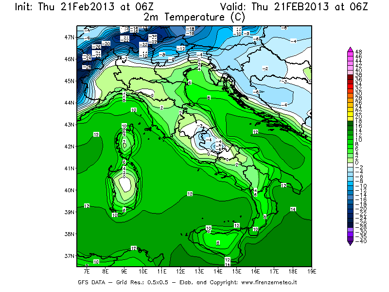 Mappa di analisi GFS - Temperatura a 2 metri dal suolo [°C] in Italia
							del 21/02/2013 06 <!--googleoff: index-->UTC<!--googleon: index-->