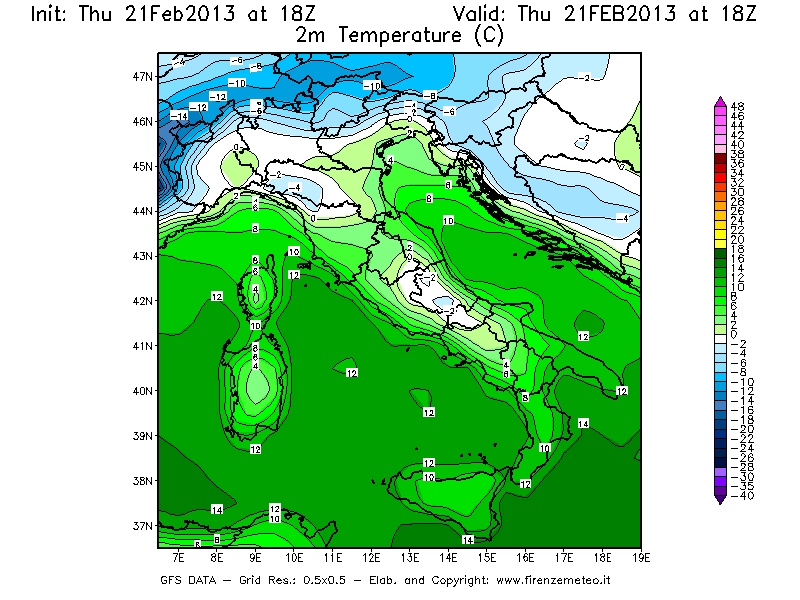 Mappa di analisi GFS - Temperatura a 2 metri dal suolo [°C] in Italia
							del 21/02/2013 18 <!--googleoff: index-->UTC<!--googleon: index-->