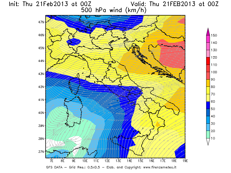 Mappa di analisi GFS - Velocità del vento a 500 hPa [km/h] in Italia
							del 21/02/2013 00 <!--googleoff: index-->UTC<!--googleon: index-->