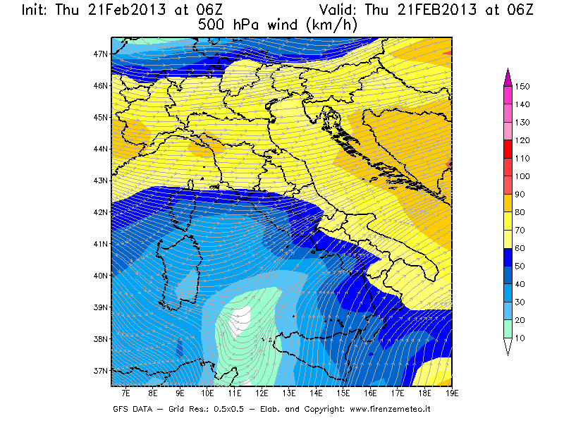 Mappa di analisi GFS - Velocità del vento a 500 hPa [km/h] in Italia
									del 21/02/2013 06 <!--googleoff: index-->UTC<!--googleon: index-->