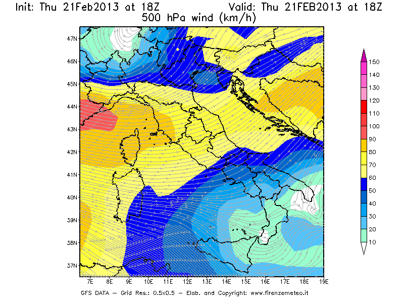Mappa di analisi GFS - Velocità del vento a 500 hPa [km/h] in Italia
									del 21/02/2013 18 <!--googleoff: index-->UTC<!--googleon: index-->