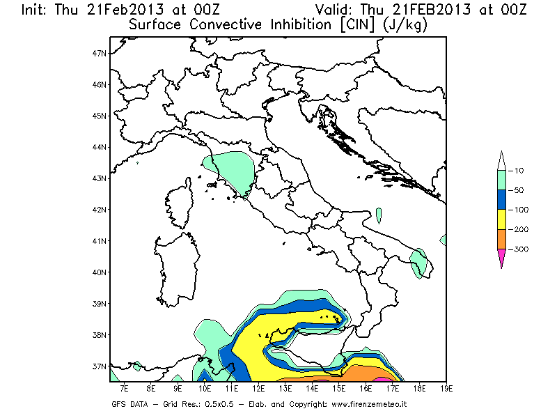 Mappa di analisi GFS - CIN [J/kg] in Italia
							del 21/02/2013 00 <!--googleoff: index-->UTC<!--googleon: index-->