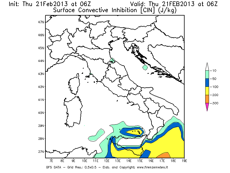 Mappa di analisi GFS - CIN [J/kg] in Italia
									del 21/02/2013 06 <!--googleoff: index-->UTC<!--googleon: index-->
