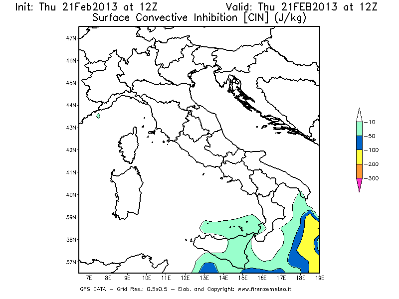 Mappa di analisi GFS - CIN [J/kg] in Italia
							del 21/02/2013 12 <!--googleoff: index-->UTC<!--googleon: index-->
