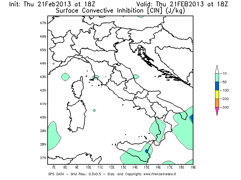Mappa di analisi GFS - CIN [J/kg] in Italia
									del 21/02/2013 18 <!--googleoff: index-->UTC<!--googleon: index-->