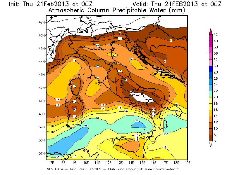 Mappa di analisi GFS - Precipitable Water [mm] in Italia
									del 21/02/2013 00 <!--googleoff: index-->UTC<!--googleon: index-->