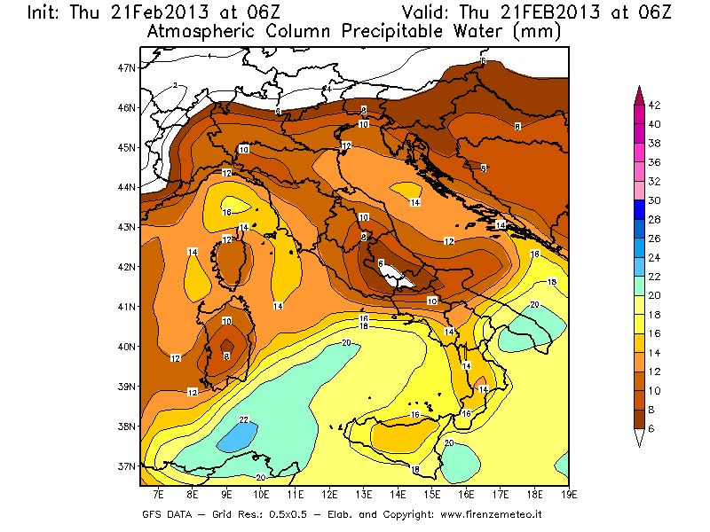 Mappa di analisi GFS - Precipitable Water [mm] in Italia
							del 21/02/2013 06 <!--googleoff: index-->UTC<!--googleon: index-->
