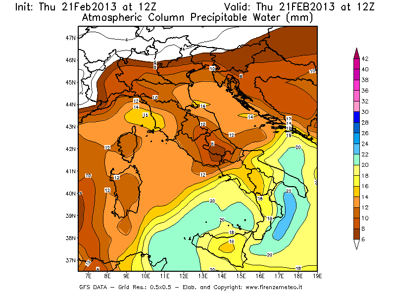 Mappa di analisi GFS - Precipitable Water [mm] in Italia
									del 21/02/2013 12 <!--googleoff: index-->UTC<!--googleon: index-->