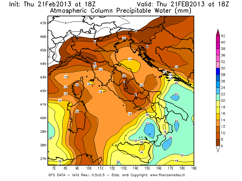 Mappa di analisi GFS - Precipitable Water [mm] in Italia
									del 21/02/2013 18 <!--googleoff: index-->UTC<!--googleon: index-->