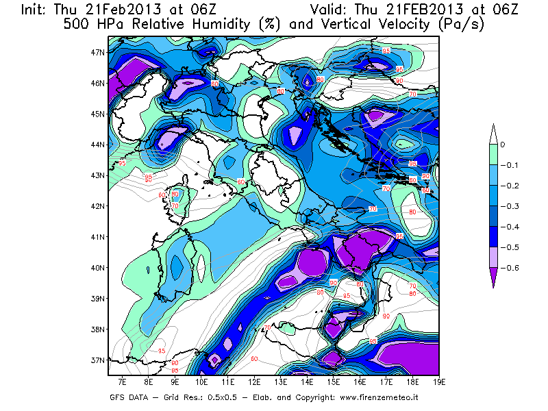 Mappa di analisi GFS - Umidità relativa [%] e Omega [Pa/s] a 500 hPa in Italia
							del 21/02/2013 06 <!--googleoff: index-->UTC<!--googleon: index-->
