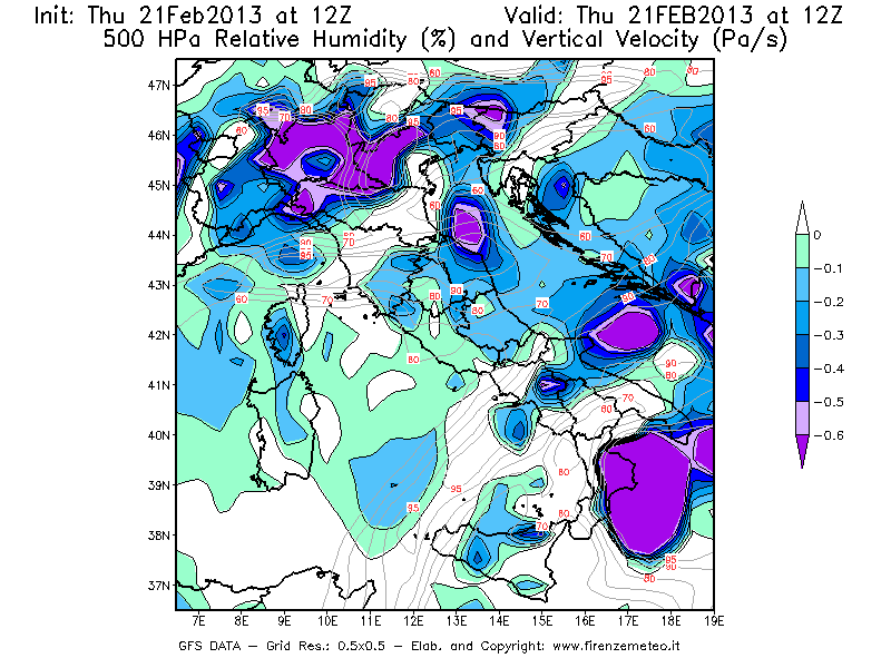 Mappa di analisi GFS - Umidità relativa [%] e Omega [Pa/s] a 500 hPa in Italia
									del 21/02/2013 12 <!--googleoff: index-->UTC<!--googleon: index-->