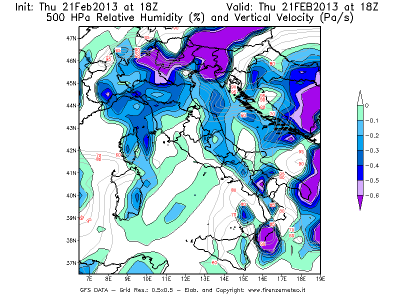 Mappa di analisi GFS - Umidità relativa [%] e Omega [Pa/s] a 500 hPa in Italia
							del 21/02/2013 18 <!--googleoff: index-->UTC<!--googleon: index-->