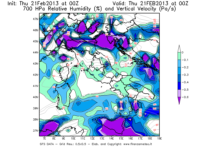 Mappa di analisi GFS - Umidità relativa [%] e Omega [Pa/s] a 700 hPa in Italia
									del 21/02/2013 00 <!--googleoff: index-->UTC<!--googleon: index-->