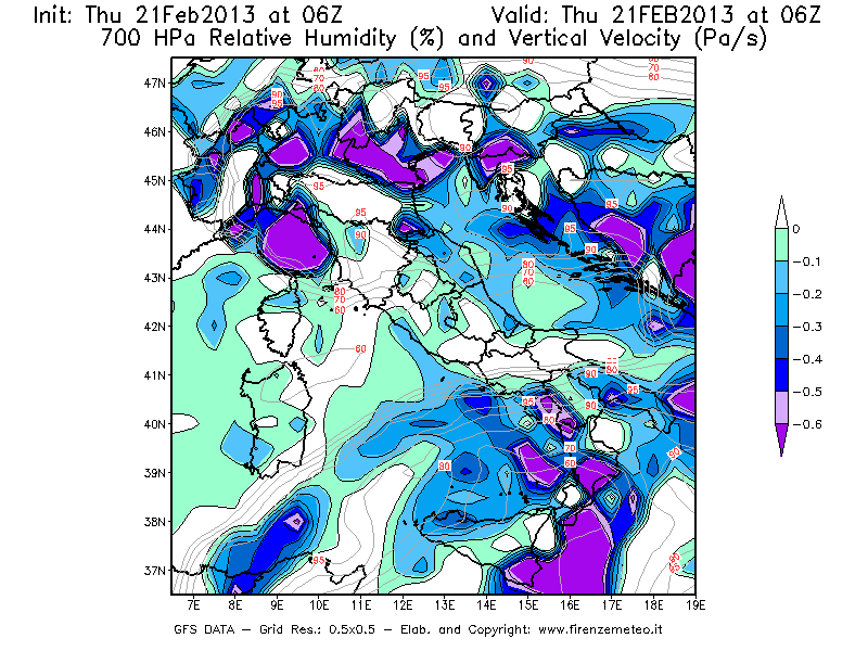 Mappa di analisi GFS - Umidità relativa [%] e Omega [Pa/s] a 700 hPa in Italia
							del 21/02/2013 06 <!--googleoff: index-->UTC<!--googleon: index-->