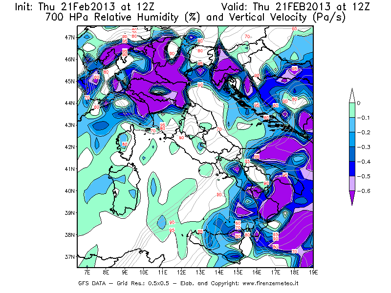 Mappa di analisi GFS - Umidità relativa [%] e Omega [Pa/s] a 700 hPa in Italia
							del 21/02/2013 12 <!--googleoff: index-->UTC<!--googleon: index-->