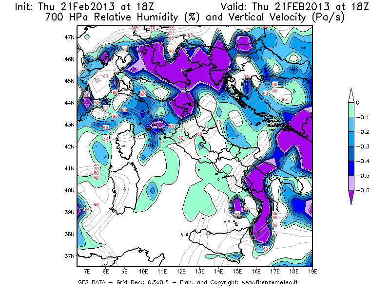 Mappa di analisi GFS - Umidità relativa [%] e Omega [Pa/s] a 700 hPa in Italia
							del 21/02/2013 18 <!--googleoff: index-->UTC<!--googleon: index-->