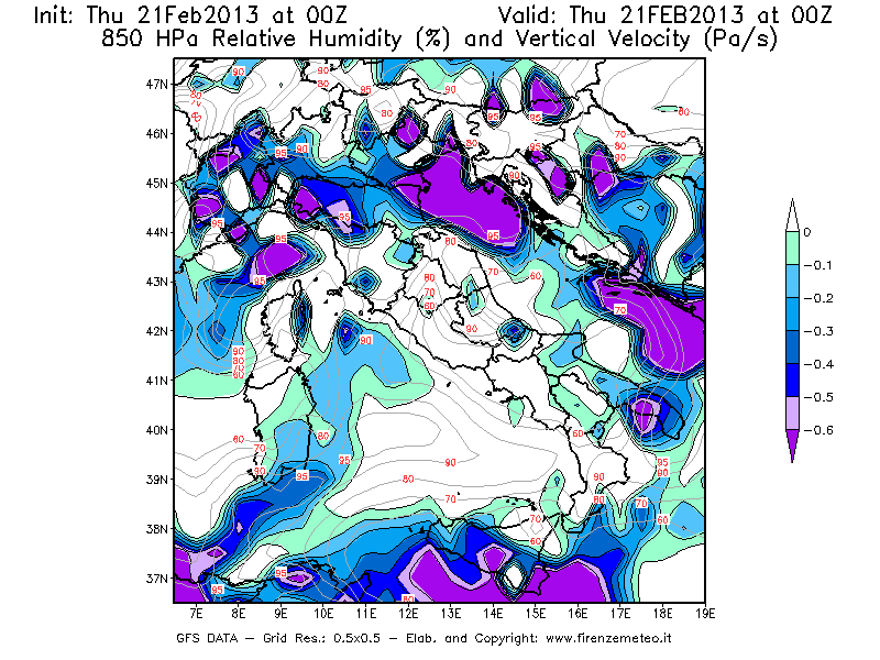 Mappa di analisi GFS - Umidità relativa [%] e Omega [Pa/s] a 850 hPa in Italia
							del 21/02/2013 00 <!--googleoff: index-->UTC<!--googleon: index-->