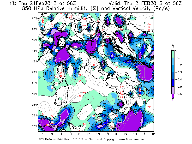 Mappa di analisi GFS - Umidità relativa [%] e Omega [Pa/s] a 850 hPa in Italia
									del 21/02/2013 06 <!--googleoff: index-->UTC<!--googleon: index-->