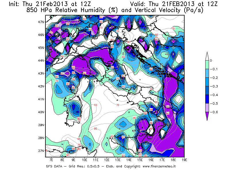 Mappa di analisi GFS - Umidità relativa [%] e Omega [Pa/s] a 850 hPa in Italia
									del 21/02/2013 12 <!--googleoff: index-->UTC<!--googleon: index-->