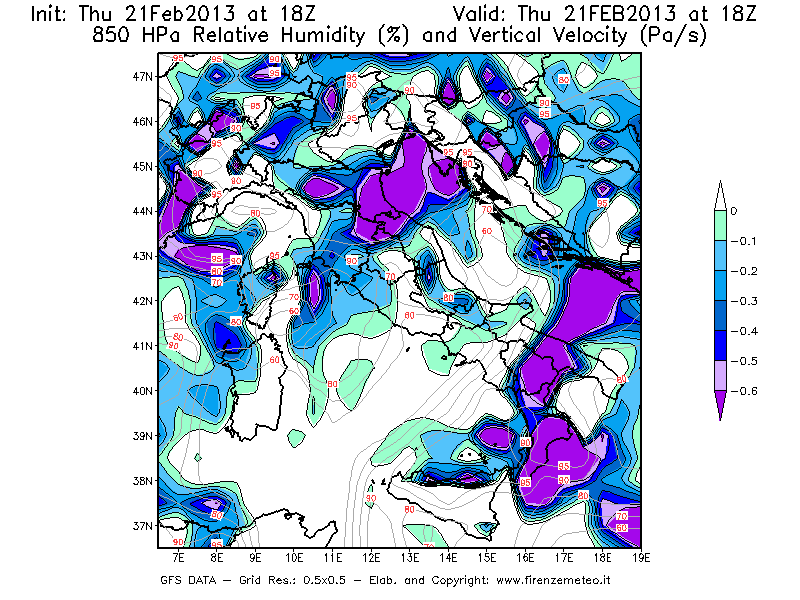 Mappa di analisi GFS - Umidità relativa [%] e Omega [Pa/s] a 850 hPa in Italia
									del 21/02/2013 18 <!--googleoff: index-->UTC<!--googleon: index-->