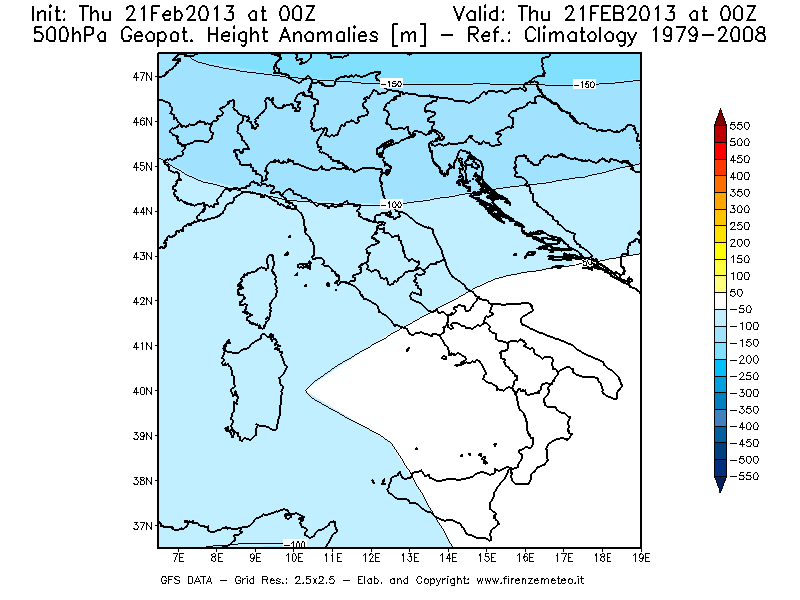 Mappa di analisi GFS - Anomalia di Geopotenziale a 500 hPa in Italia
									del 21/02/2013 00 <!--googleoff: index-->UTC<!--googleon: index-->