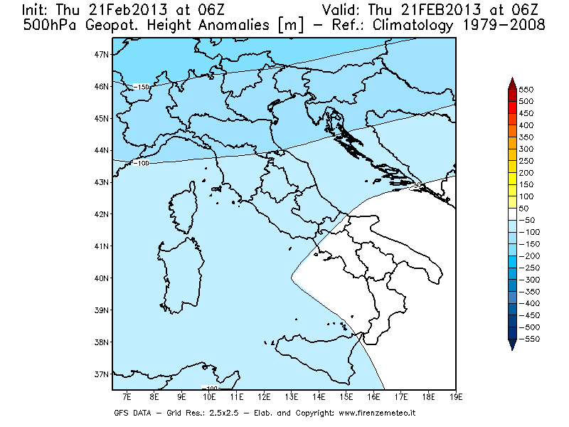 Mappa di analisi GFS - Anomalia di Geopotenziale a 500 hPa in Italia
							del 21/02/2013 06 <!--googleoff: index-->UTC<!--googleon: index-->