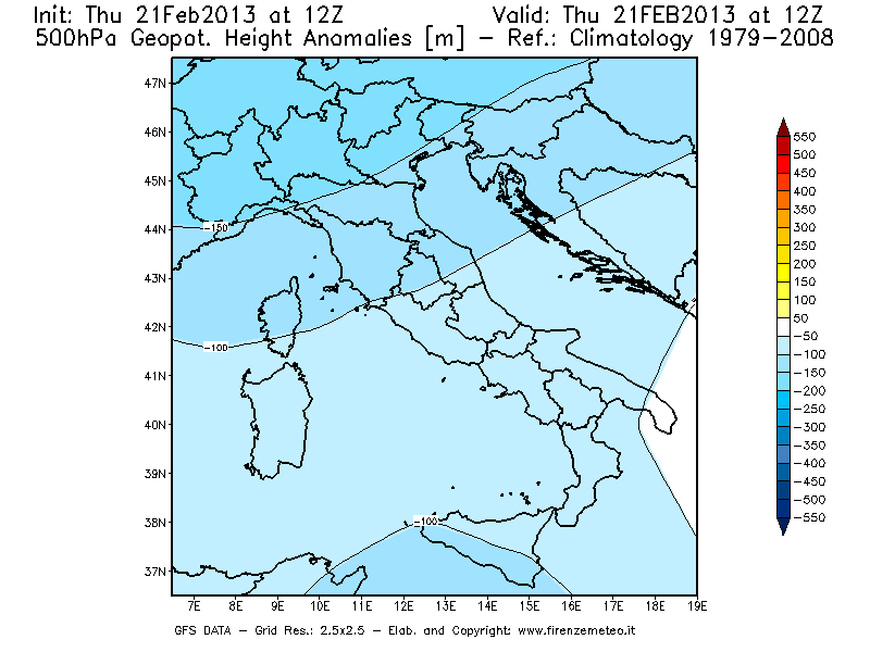 Mappa di analisi GFS - Anomalia di Geopotenziale a 500 hPa in Italia
							del 21/02/2013 12 <!--googleoff: index-->UTC<!--googleon: index-->