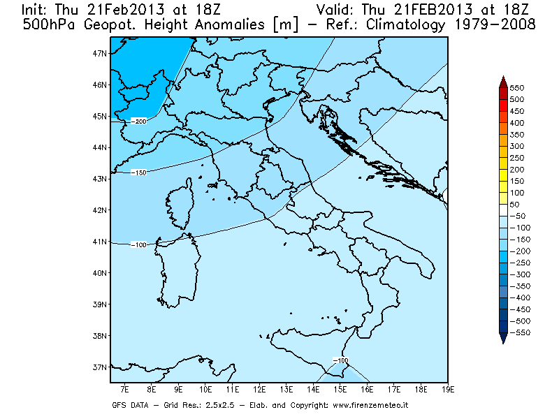 Mappa di analisi GFS - Anomalia di Geopotenziale a 500 hPa in Italia
									del 21/02/2013 18 <!--googleoff: index-->UTC<!--googleon: index-->