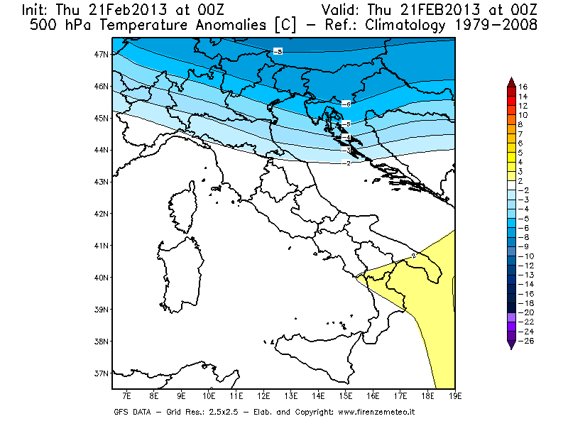 Mappa di analisi GFS - Anomalia Temperatura [°C] a 500 hPa in Italia
									del 21/02/2013 00 <!--googleoff: index-->UTC<!--googleon: index-->