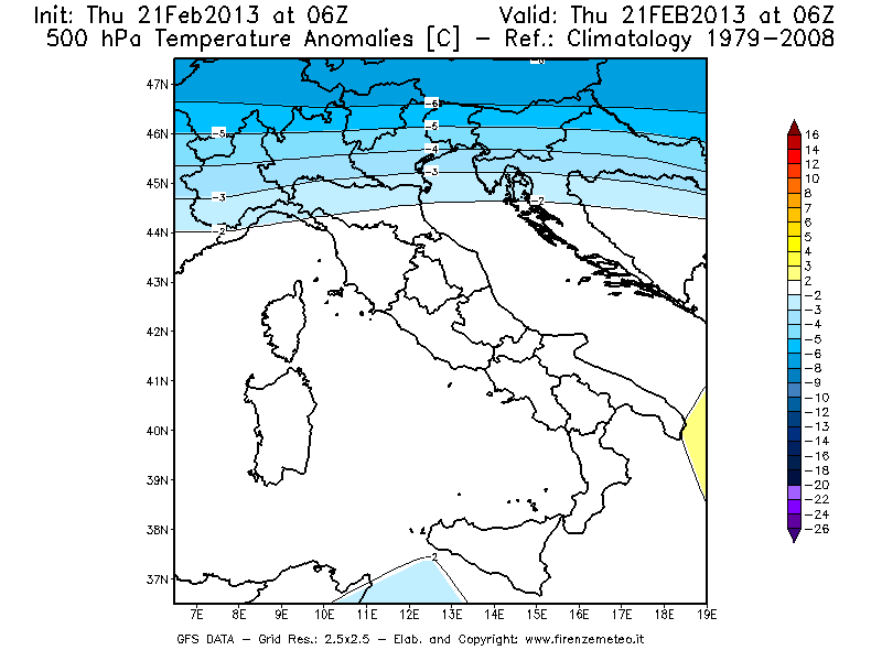 Mappa di analisi GFS - Anomalia Temperatura [°C] a 500 hPa in Italia
									del 21/02/2013 06 <!--googleoff: index-->UTC<!--googleon: index-->