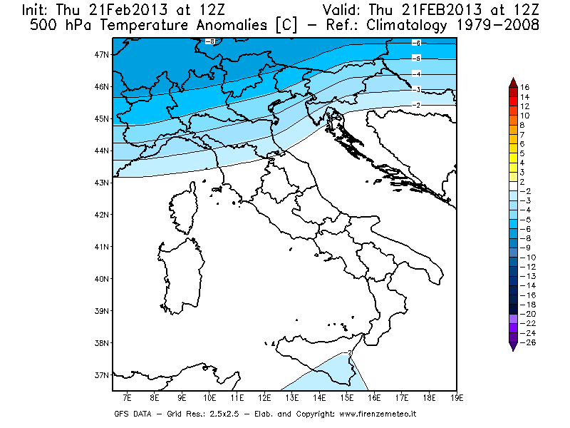 Mappa di analisi GFS - Anomalia Temperatura [°C] a 500 hPa in Italia
									del 21/02/2013 12 <!--googleoff: index-->UTC<!--googleon: index-->