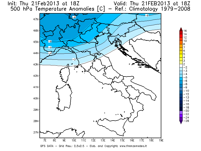 Mappa di analisi GFS - Anomalia Temperatura [°C] a 500 hPa in Italia
							del 21/02/2013 18 <!--googleoff: index-->UTC<!--googleon: index-->