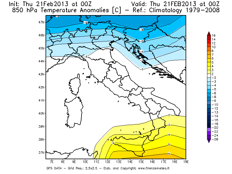 Mappa di analisi GFS - Anomalia Temperatura [°C] a 850 hPa in Italia
							del 21/02/2013 00 <!--googleoff: index-->UTC<!--googleon: index-->