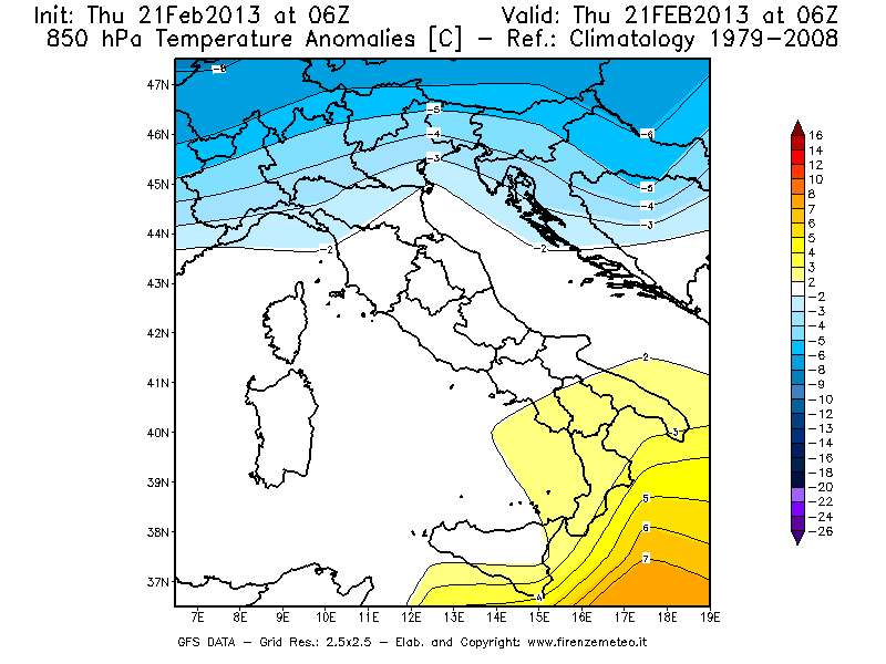 Mappa di analisi GFS - Anomalia Temperatura [°C] a 850 hPa in Italia
									del 21/02/2013 06 <!--googleoff: index-->UTC<!--googleon: index-->