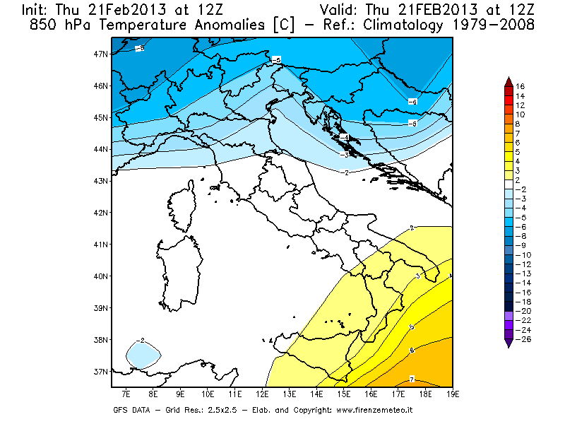 Mappa di analisi GFS - Anomalia Temperatura [°C] a 850 hPa in Italia
									del 21/02/2013 12 <!--googleoff: index-->UTC<!--googleon: index-->