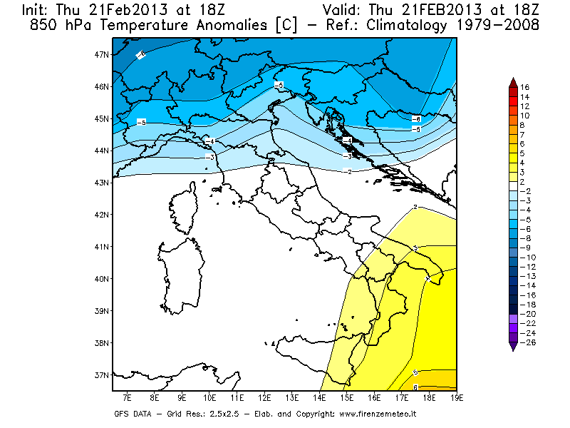 Mappa di analisi GFS - Anomalia Temperatura [°C] a 850 hPa in Italia
									del 21/02/2013 18 <!--googleoff: index-->UTC<!--googleon: index-->