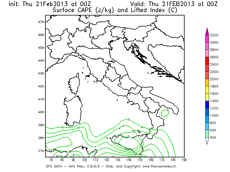 Mappa di analisi GFS - CAPE [J/kg] e Lifted Index [°C] in Italia
							del 21/02/2013 00 <!--googleoff: index-->UTC<!--googleon: index-->