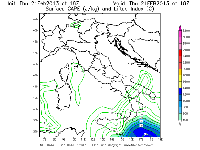 Mappa di analisi GFS - CAPE [J/kg] e Lifted Index [°C] in Italia
									del 21/02/2013 18 <!--googleoff: index-->UTC<!--googleon: index-->