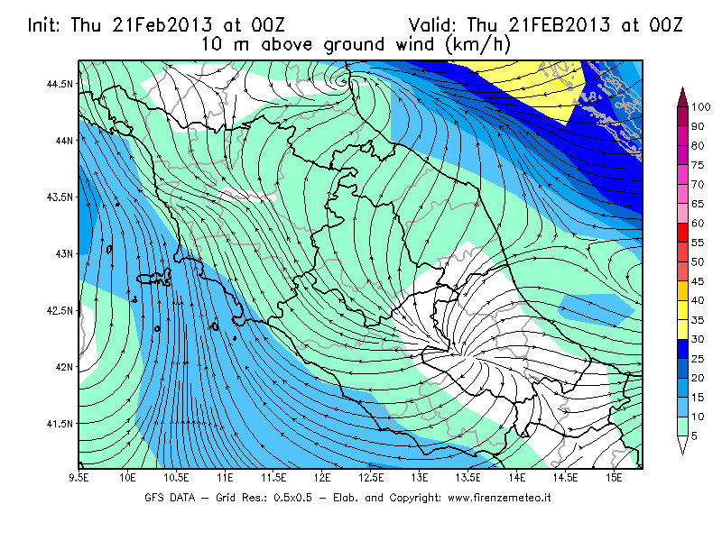 Mappa di analisi GFS - Velocità del vento a 10 metri dal suolo [km/h] in Centro-Italia
							del 21/02/2013 00 <!--googleoff: index-->UTC<!--googleon: index-->