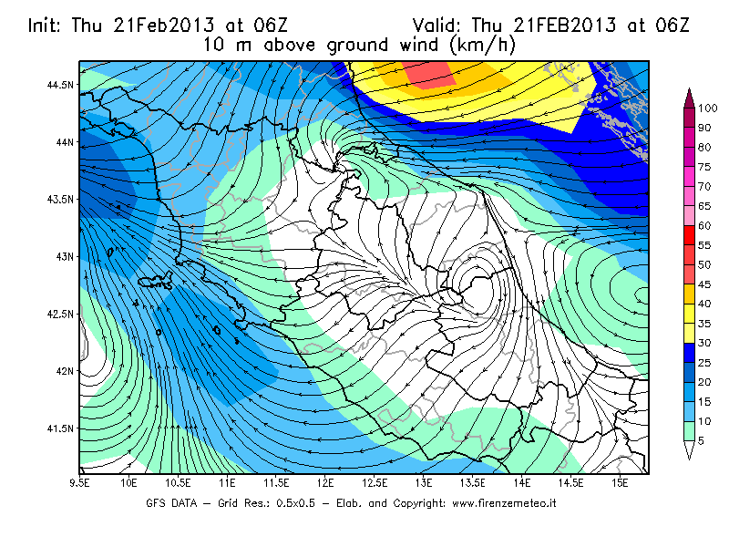 Mappa di analisi GFS - Velocità del vento a 10 metri dal suolo [km/h] in Centro-Italia
									del 21/02/2013 06 <!--googleoff: index-->UTC<!--googleon: index-->