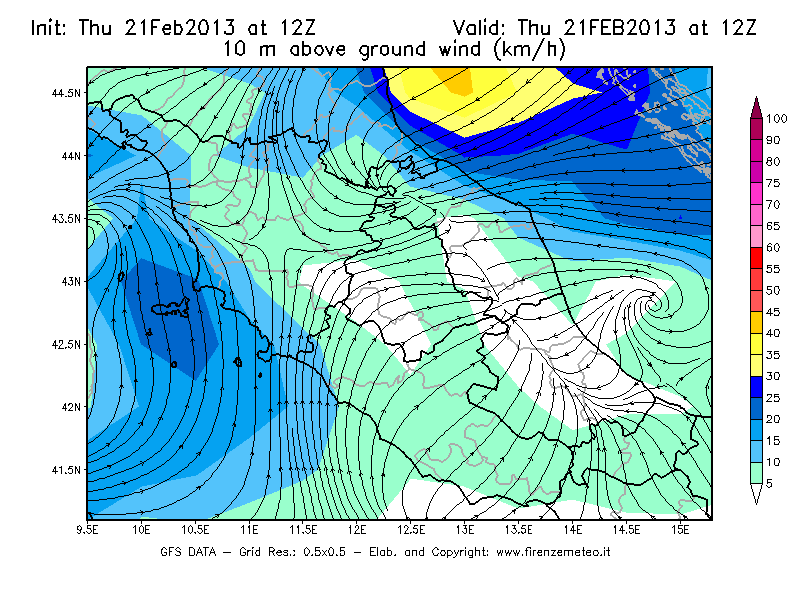 Mappa di analisi GFS - Velocità del vento a 10 metri dal suolo [km/h] in Centro-Italia
							del 21/02/2013 12 <!--googleoff: index-->UTC<!--googleon: index-->