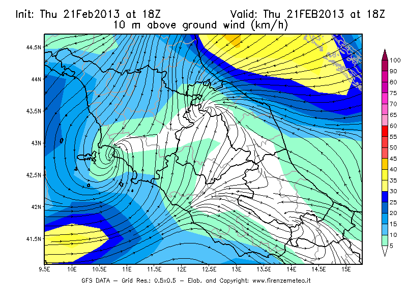 Mappa di analisi GFS - Velocità del vento a 10 metri dal suolo [km/h] in Centro-Italia
									del 21/02/2013 18 <!--googleoff: index-->UTC<!--googleon: index-->