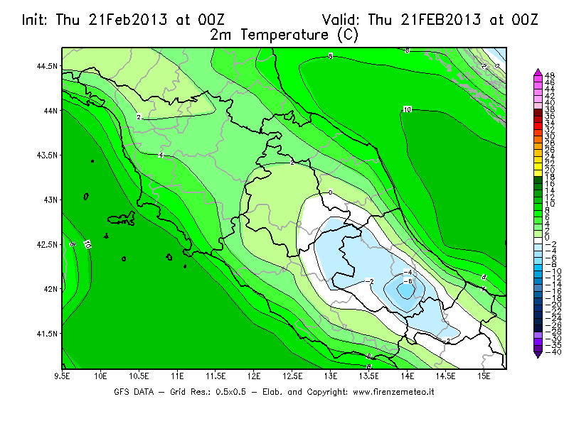 Mappa di analisi GFS - Temperatura a 2 metri dal suolo [°C] in Centro-Italia
							del 21/02/2013 00 <!--googleoff: index-->UTC<!--googleon: index-->