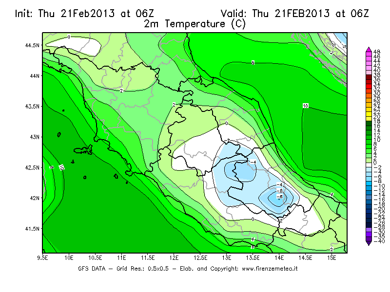 Mappa di analisi GFS - Temperatura a 2 metri dal suolo [°C] in Centro-Italia
									del 21/02/2013 06 <!--googleoff: index-->UTC<!--googleon: index-->