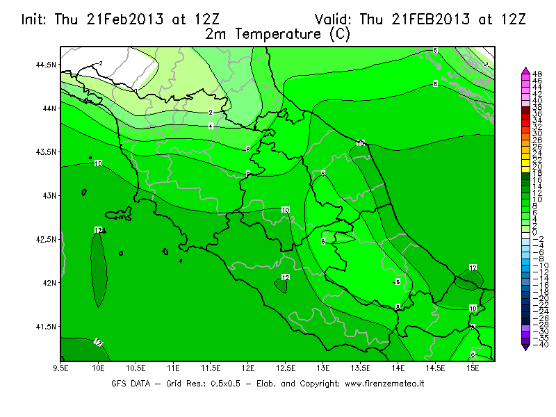 Mappa di analisi GFS - Temperatura a 2 metri dal suolo [°C] in Centro-Italia
							del 21/02/2013 12 <!--googleoff: index-->UTC<!--googleon: index-->