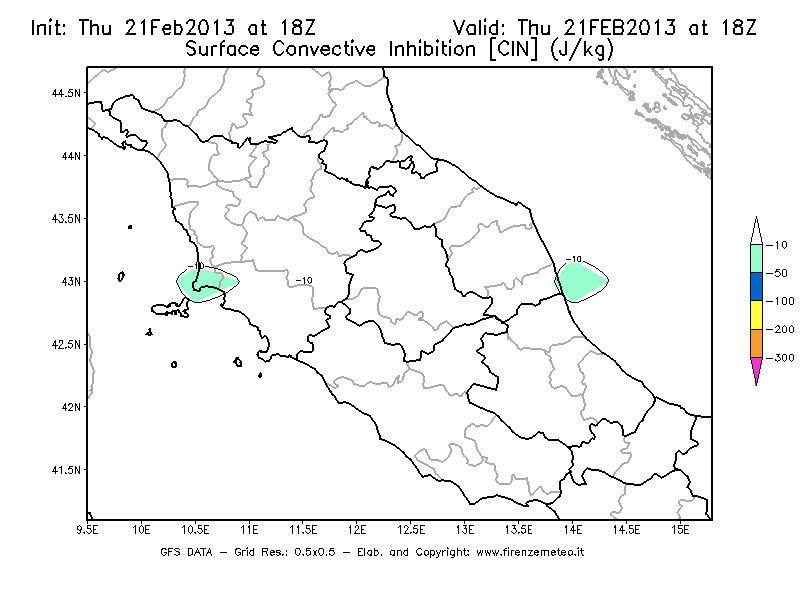 Mappa di analisi GFS - CIN [J/kg] in Centro-Italia
									del 21/02/2013 18 <!--googleoff: index-->UTC<!--googleon: index-->