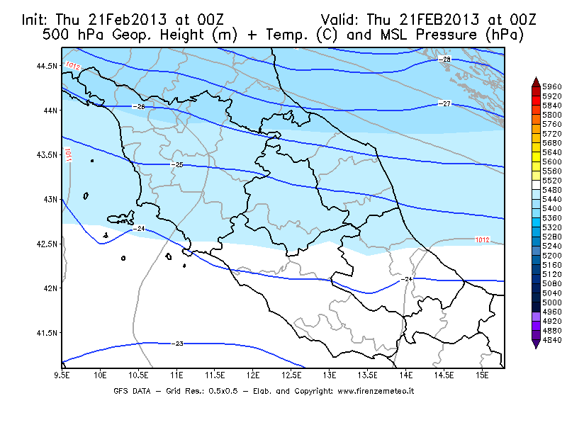 Mappa di analisi GFS - Geopotenziale [m] + Temp. [°C] a 500 hPa + Press. a livello del mare [hPa] in Centro-Italia
							del 21/02/2013 00 <!--googleoff: index-->UTC<!--googleon: index-->