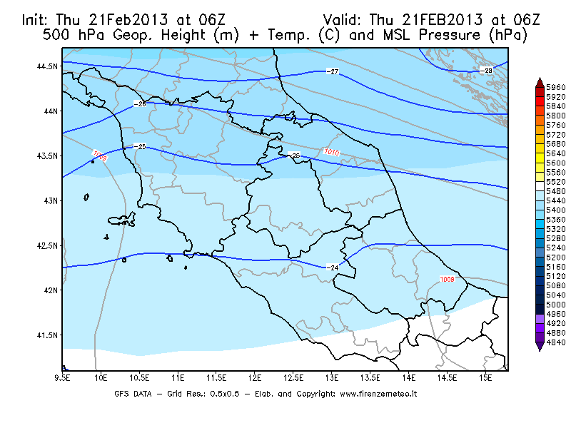 Mappa di analisi GFS - Geopotenziale [m] + Temp. [°C] a 500 hPa + Press. a livello del mare [hPa] in Centro-Italia
							del 21/02/2013 06 <!--googleoff: index-->UTC<!--googleon: index-->