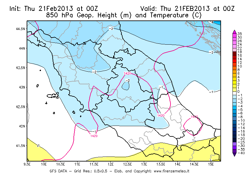 Mappa di analisi GFS - Geopotenziale [m] e Temperatura [°C] a 850 hPa in Centro-Italia
							del 21/02/2013 00 <!--googleoff: index-->UTC<!--googleon: index-->